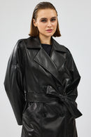 Nicole Women's Black Double Breasted Long Leather Trench Coat | Derimod