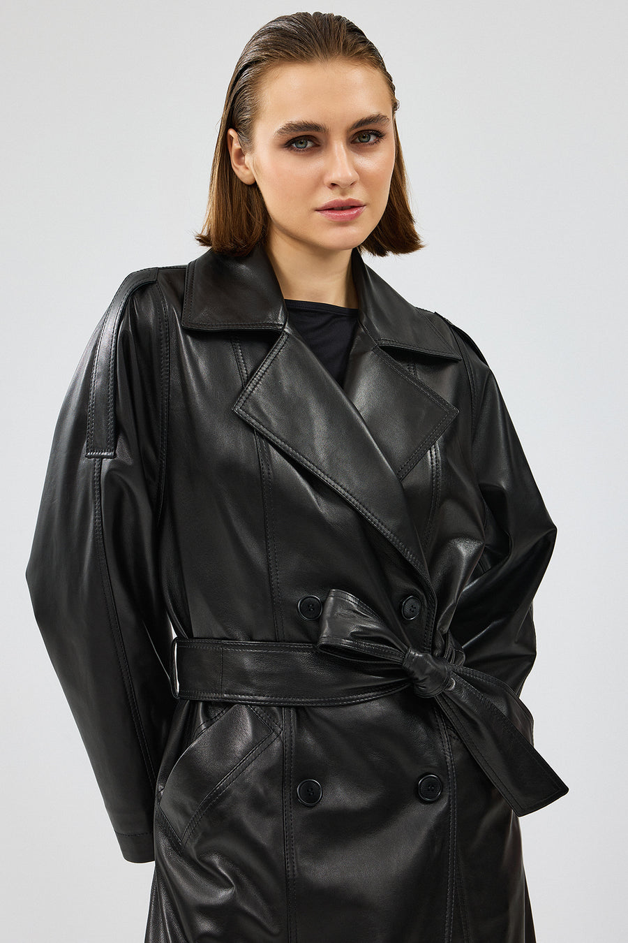 Nicole Women's Black Double Breasted Long Leather Trench Coat