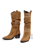 Woman Mink Chunky Heel Suede Leather Cowboy Boots | Derimod