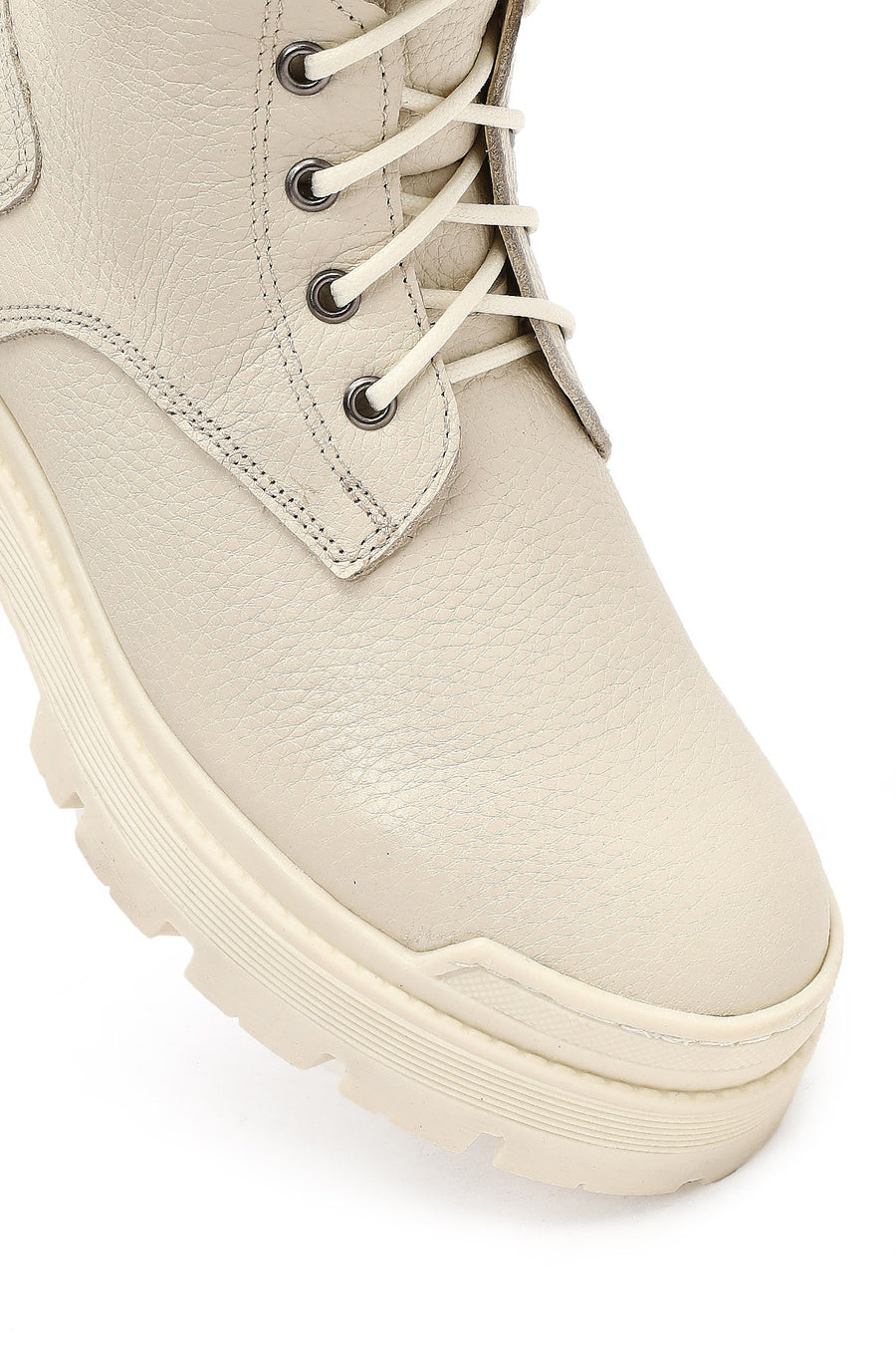 Woman Beige Lace-Up Zippered Thick Sole Leather Postal Boots