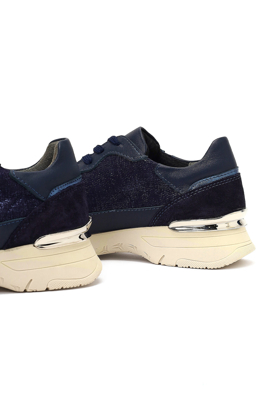 Women's Navy Blue Lace-Up Thick-Soled Leather Sneaker