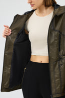 Jessica Women's Khaki Hooded Leather Jacket | Derimod