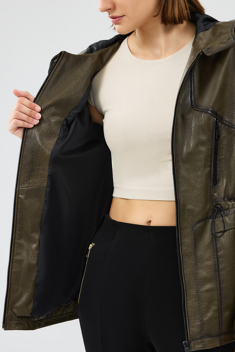 Jessica Women's Khaki Hooded Leather Jacket