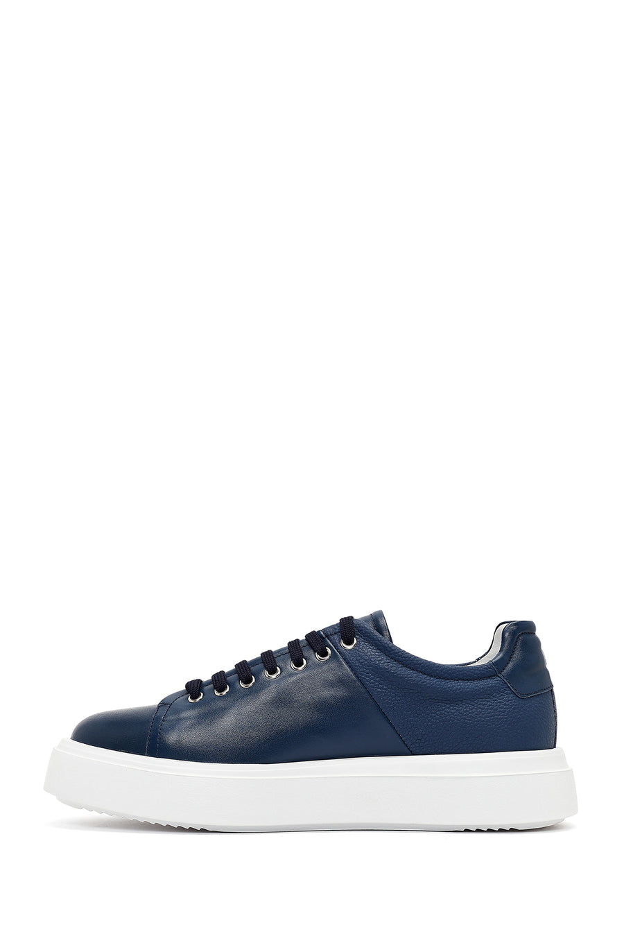 Erkek Lacivert Bağcıklı Kalın Tabanlı Deri Sneaker