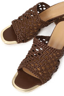 Women's Brown Knitted Short Chunky Heeled Slippers | Derimod