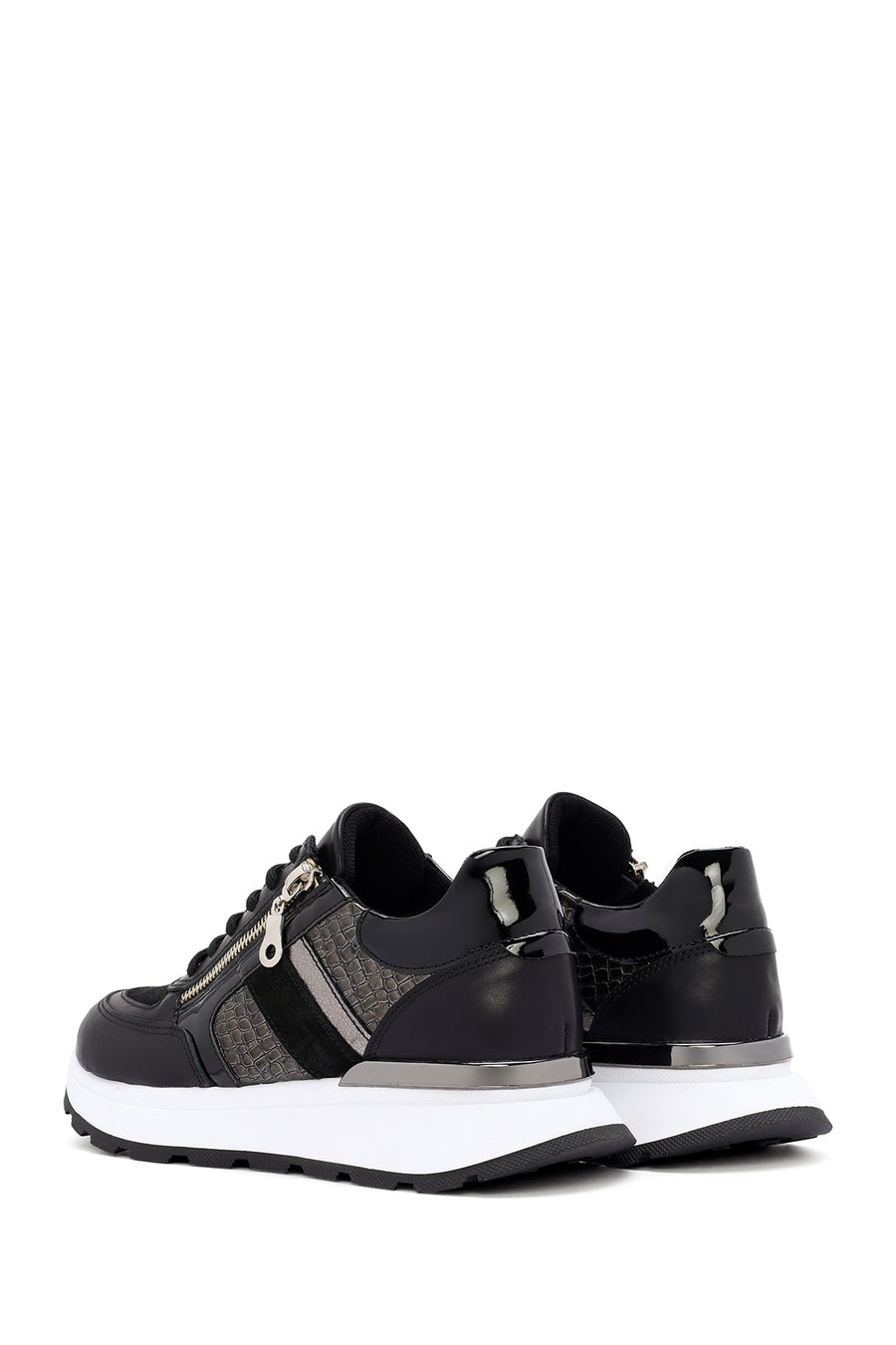 Women's Black Thick-Soled Zippered Leather Sneakers