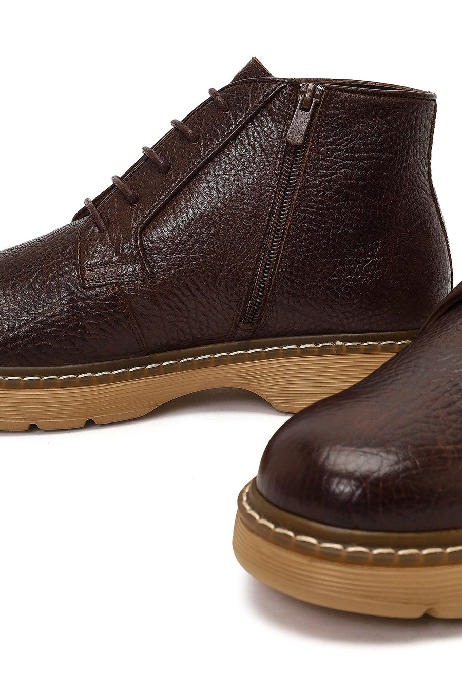 Men's Brown Lace-Up Zipper Leather Casual Boot