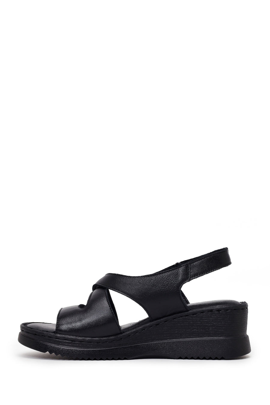 Woman Black Wedge Heel Leather Comfort Sandal