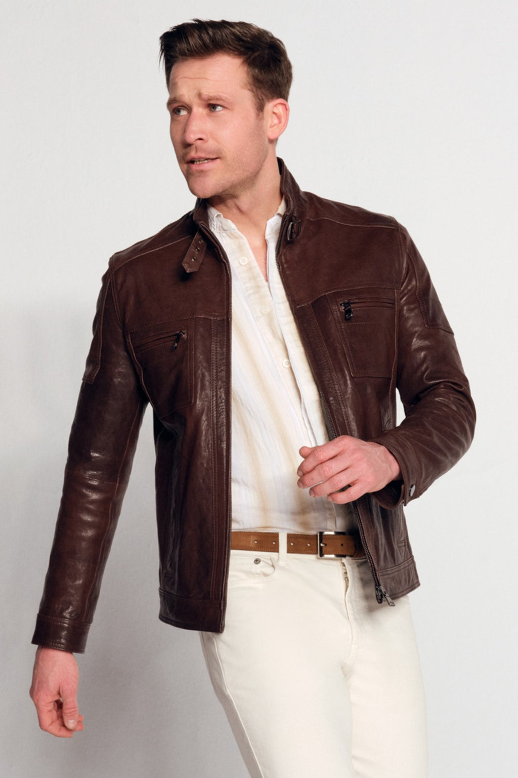 Wade Erkek Kahverengi Slim-Fit Deri Ceket