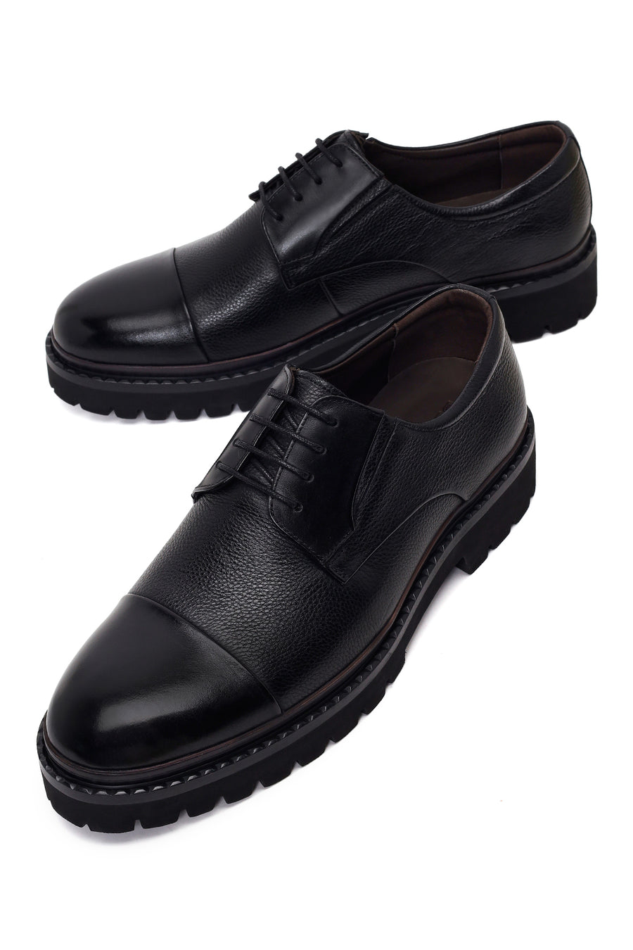 Male Black Lace-Up Thick-Soled Leather Casual Shoes