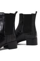 Women's Black Croco Patterned Short Thick Heel Leather Chelsea Boot | Derimod