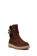 Woman Brown Zippered Suede Leather Teddy Bot | Derimod