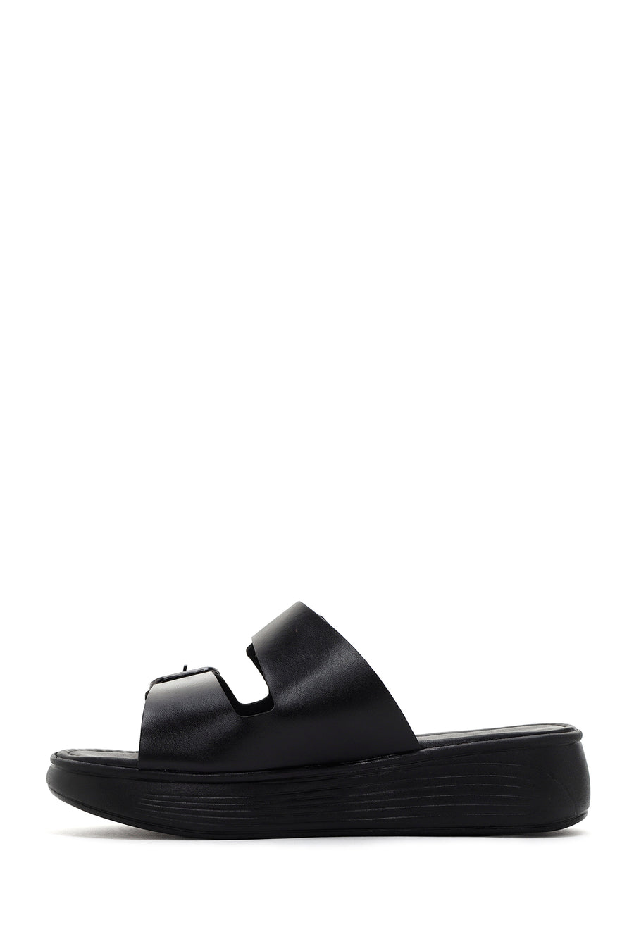 Women's Black Thick Sole Buckle Leather Slippers