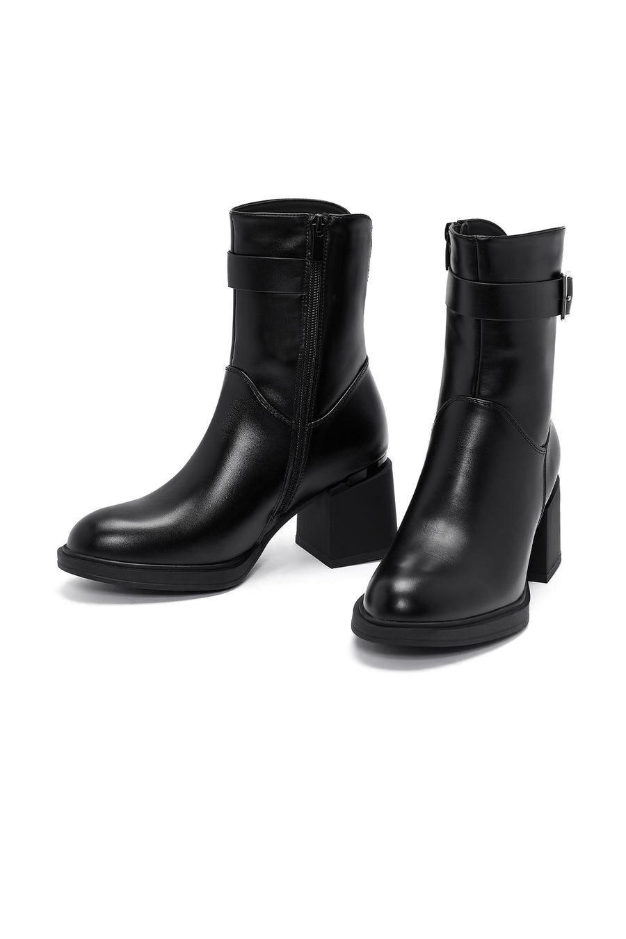 Women's Black Zippered Chunky Heel Boots