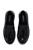 Women's Black Leather Tasseled Masculine Loafer | Derimod