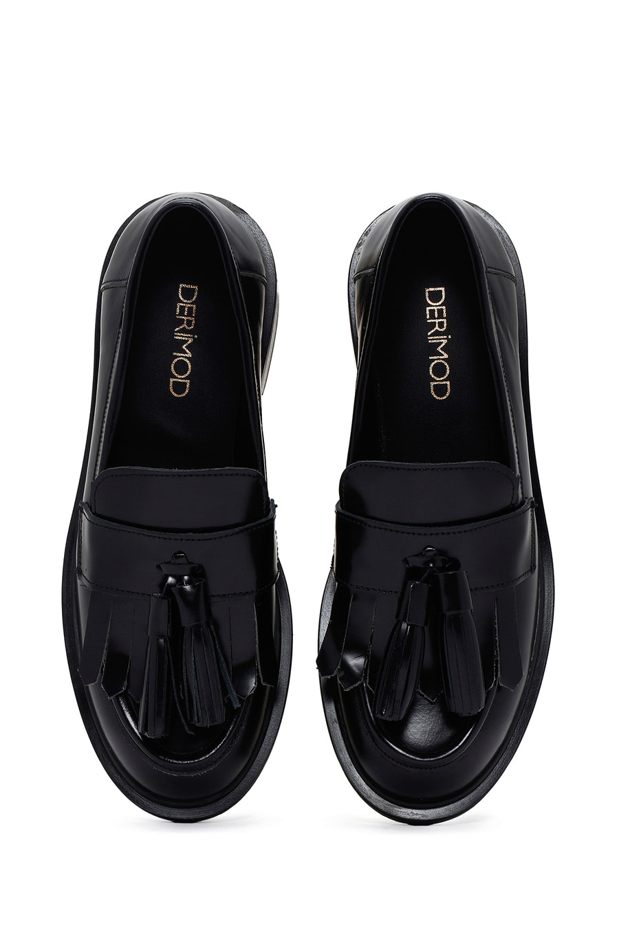 Women's Black Leather Tasseled Masculine Loafer