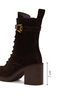 Woman Brown Zip Closure Chunky Heeled Suede Combat Boots | Derimod