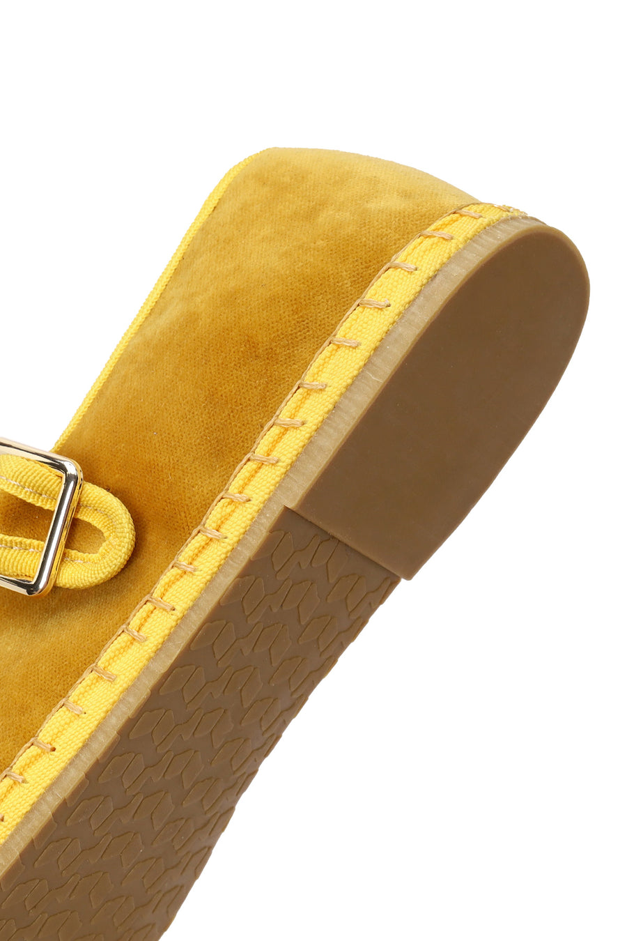 Woman Yellow Buckled Fabric Mary Jane Ballerine flats