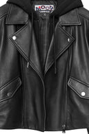 Smart Women's Black Hooded Biker Leather Jacket | Derimod