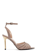 Women's Beige Ankle Buckle High Thin Heel Leather Sandals | Derimod