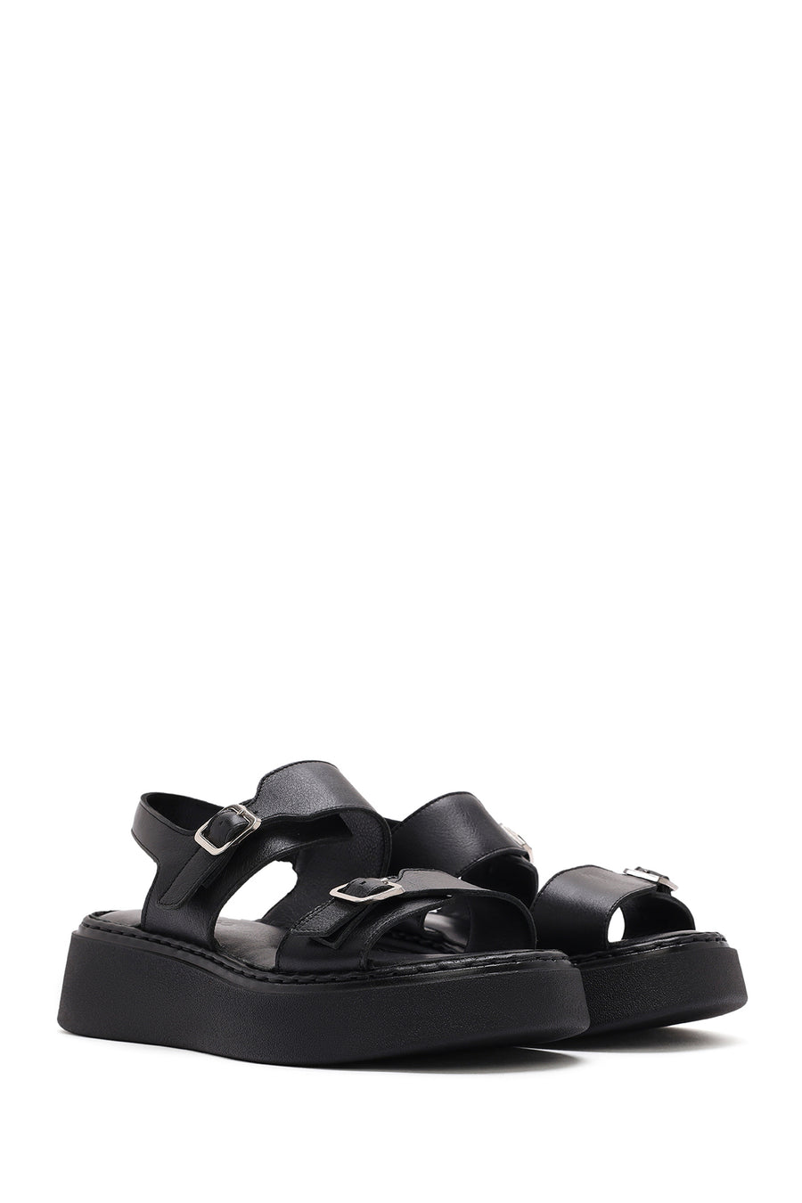 Women's Black Buckle Thick-Soled Leather Comfort Sandals