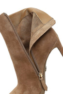 Woman Beige Zip Closure High Thin-Heeled Suede Boots | Derimod