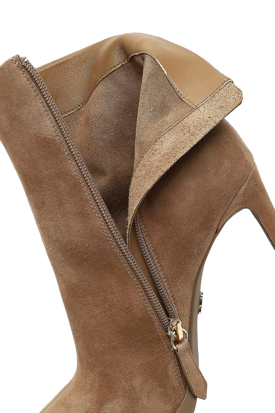 Woman Beige Zip Closure High Thin-Heeled Suede Boots
