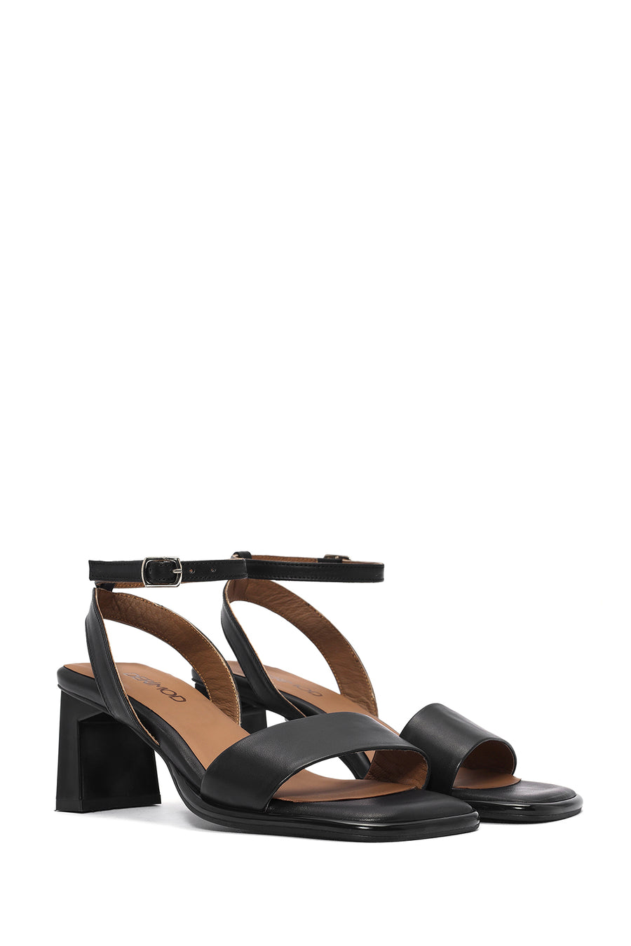 Women's Black Ankle Buckle Thick Heel Leather Sandals