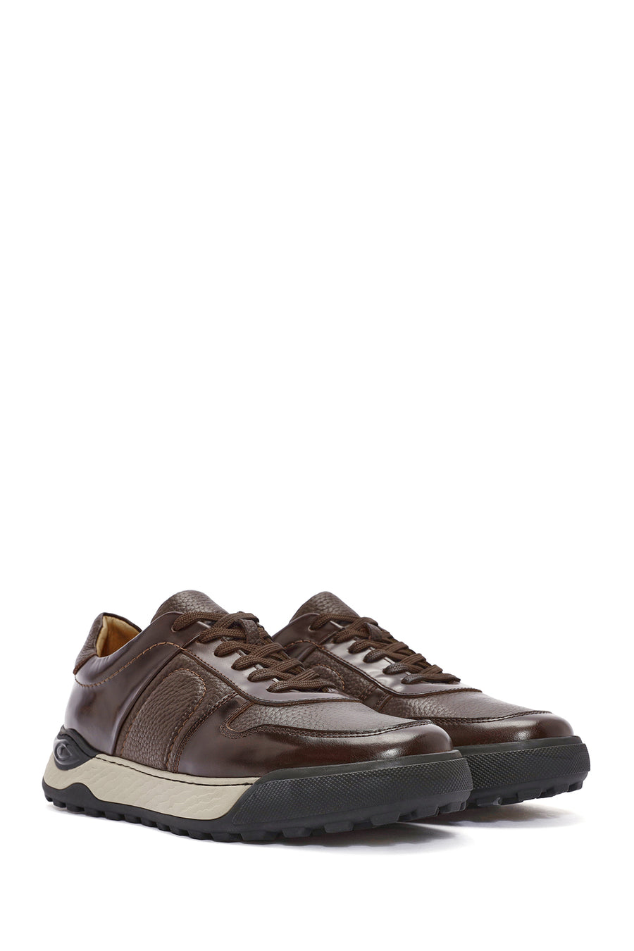 Erkek Kahverengi Bağcıklı Deri Casual Sneaker