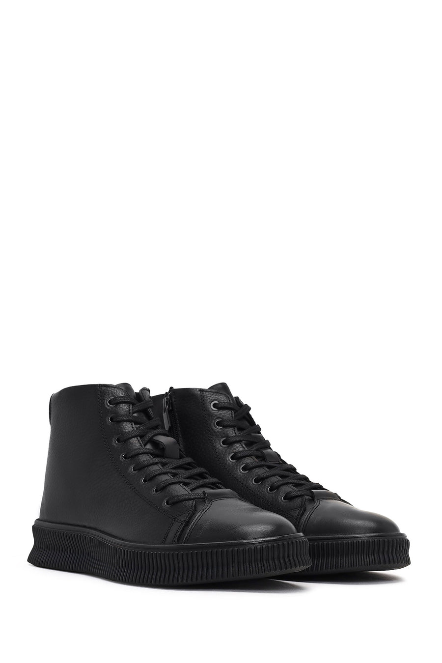 Male Black Lace-Up Zip Closure Leather Sport Boots