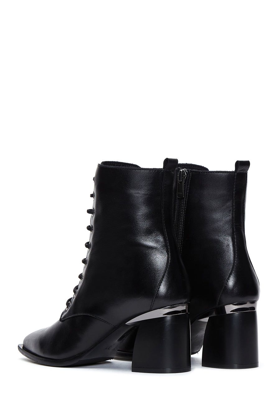 Women's Black Zippered Thick Heeled Leather Boots