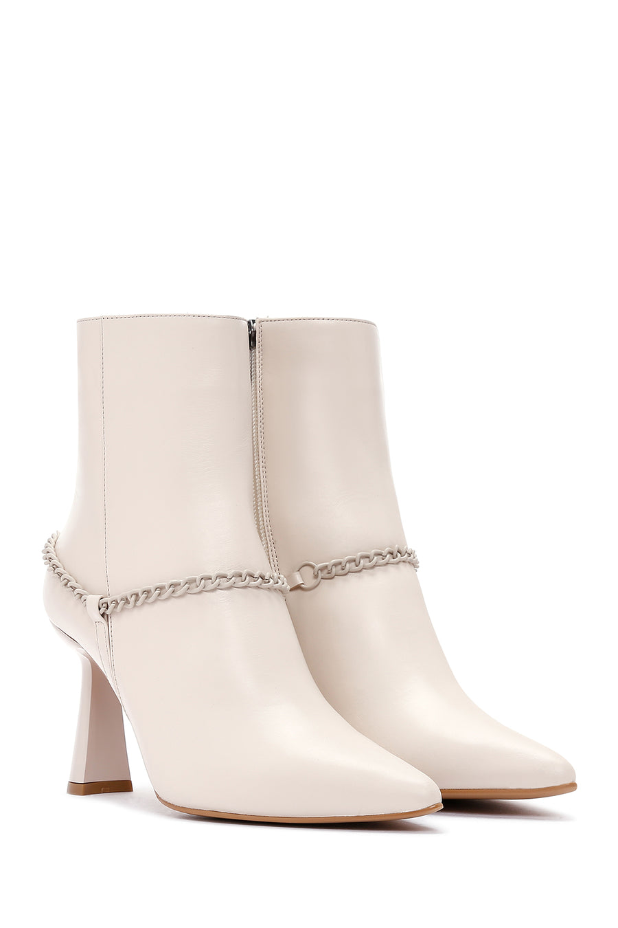 Women's Beige Leather Zippered Chain Heeled Classic Boots
