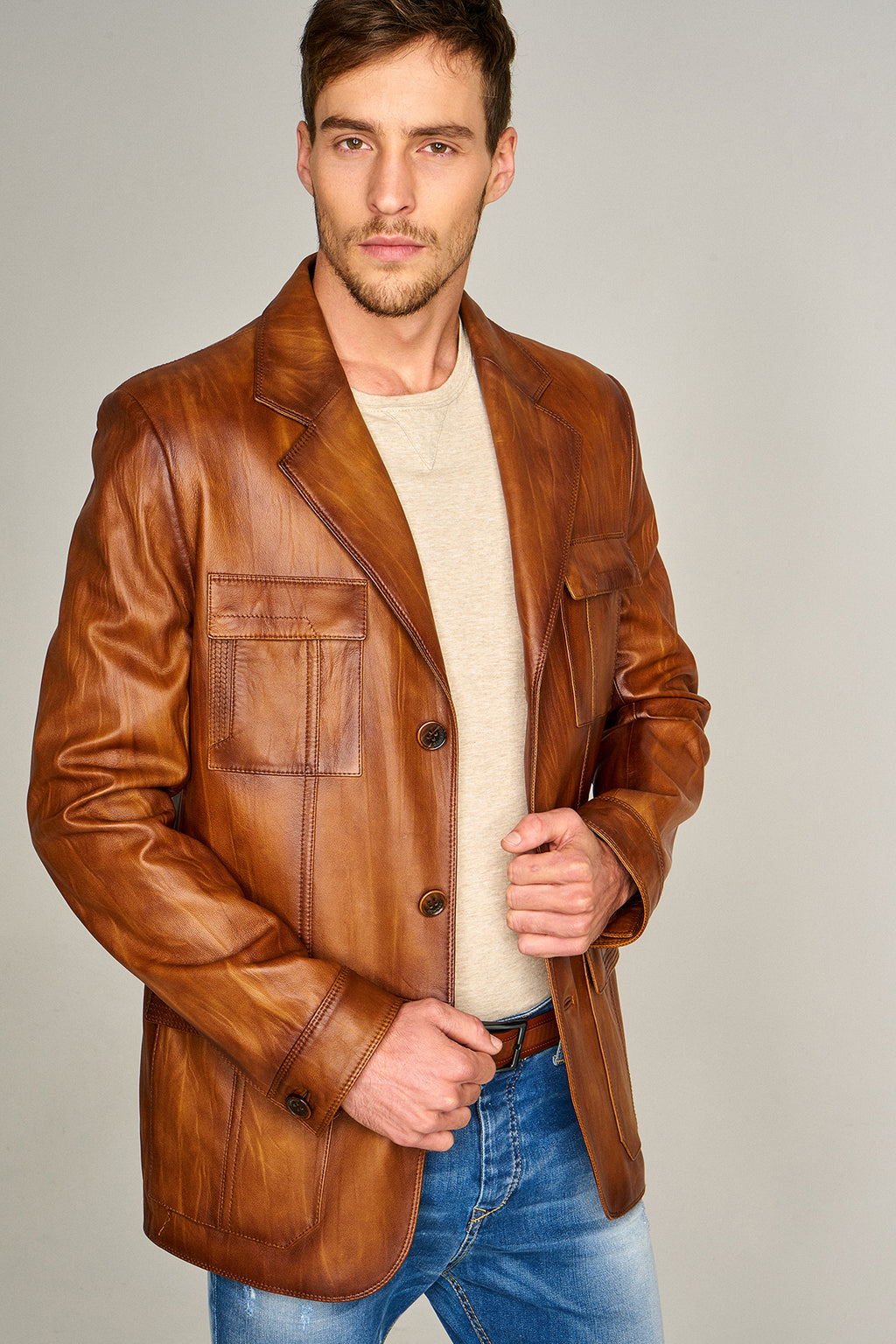 Kevin Erkek Camel Blazer Deri Ceket