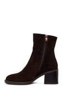 Woman Brown Zip Closure Chunky Heeled Suede Boots | Derimod
