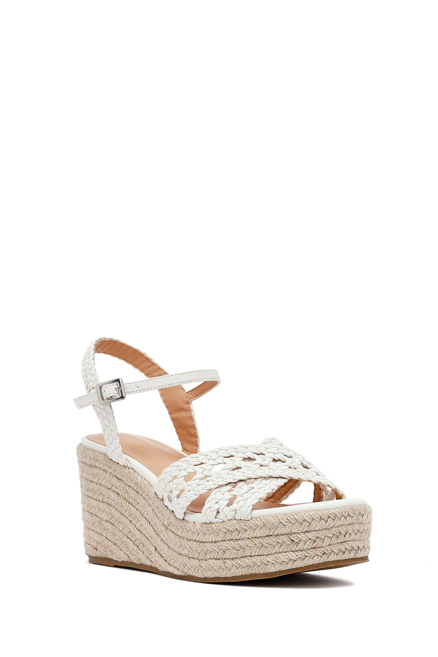 Women's White Ankle Buckle Wedge Heel Woven Sandals