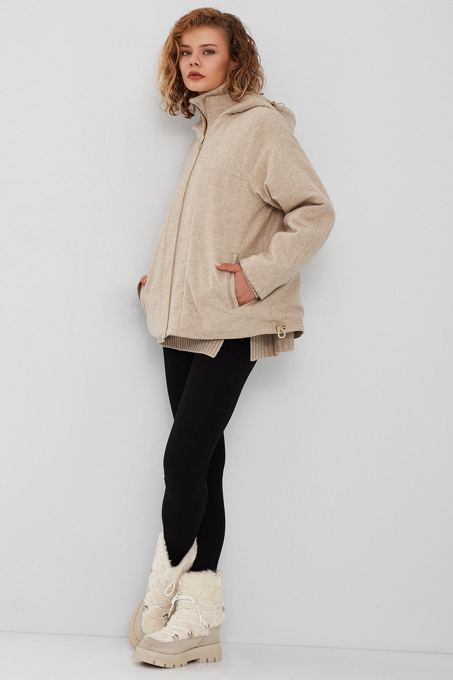 Roma Women's Beige Hooded Double-Sided Oversize Leather Jacket