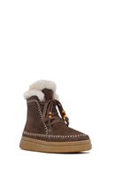 Woman Brown Laced Thick Sole Suede Leather Teddy Bot | Derimod