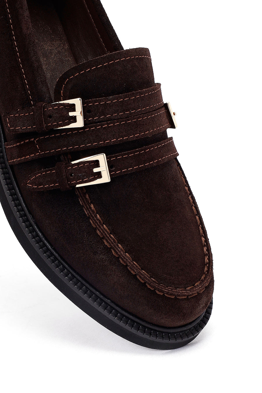 Kadın Kahverengi Tokalı Süet Deri Maskülen Loafer