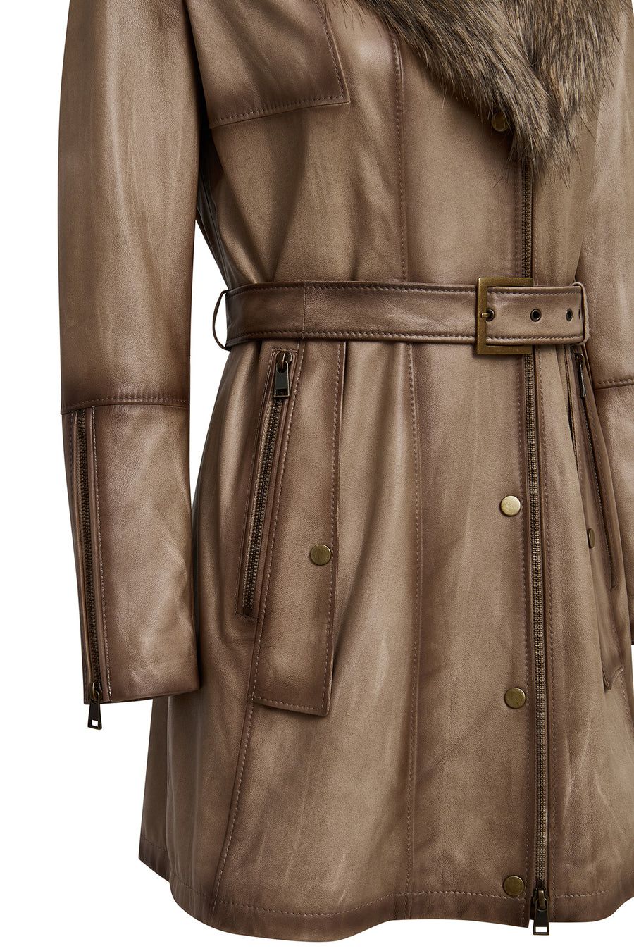 Kelly Women's Beige Collar Fur Leather Coat
