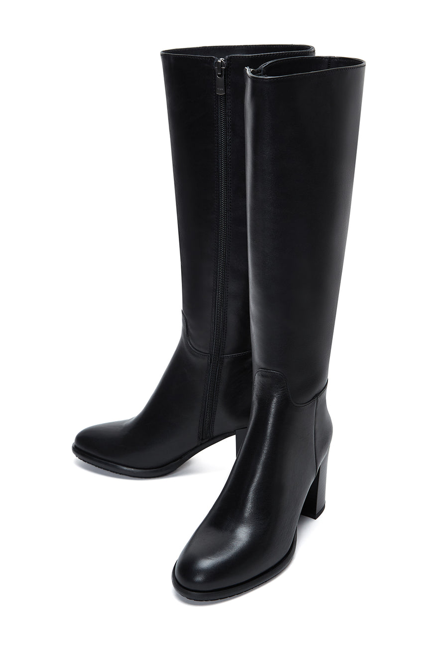 Women's Black Zippered Thick Heel Leather Boots