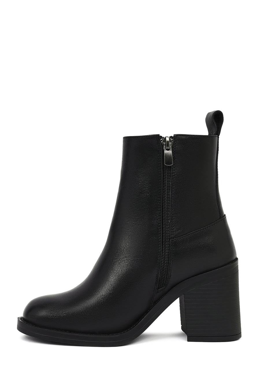 Women's Black Zippered Thick Heeled Leather Boots