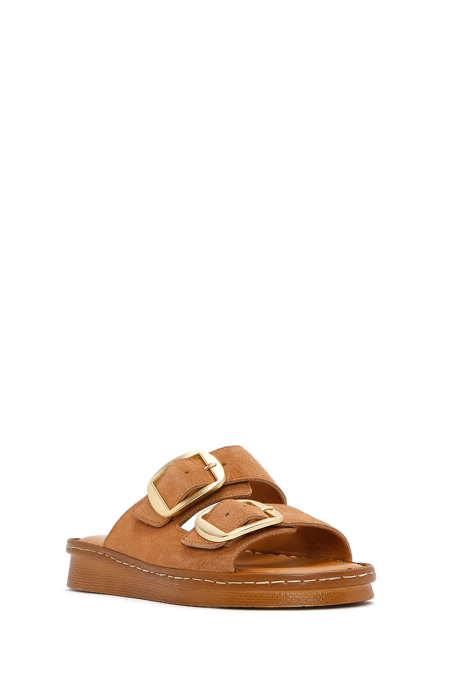 Women's Tan Buckle Suede Leather Comfort Slippers