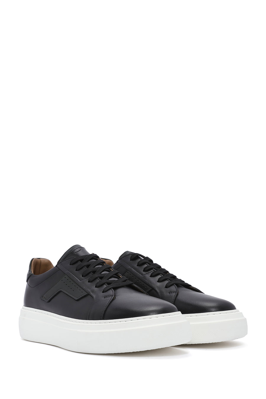 Men's Black Lace-up Thick-Sole Leather Sneaker
