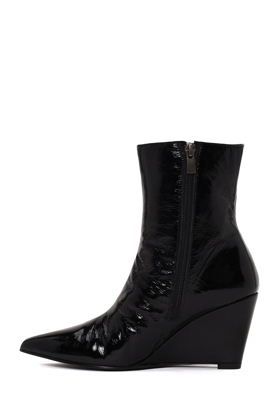 Woman Black Zip Closure Wedge Heel Leather Boots
