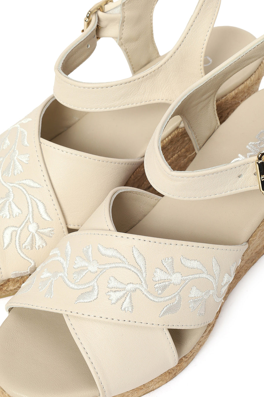 Woman Cream Ankle-Buckle Wedge-Heel Leather Espadrille Sandals