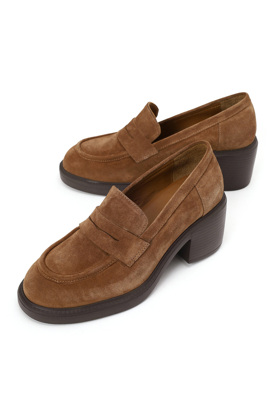 Woman Tan Chunky-Heel Suede Loafer