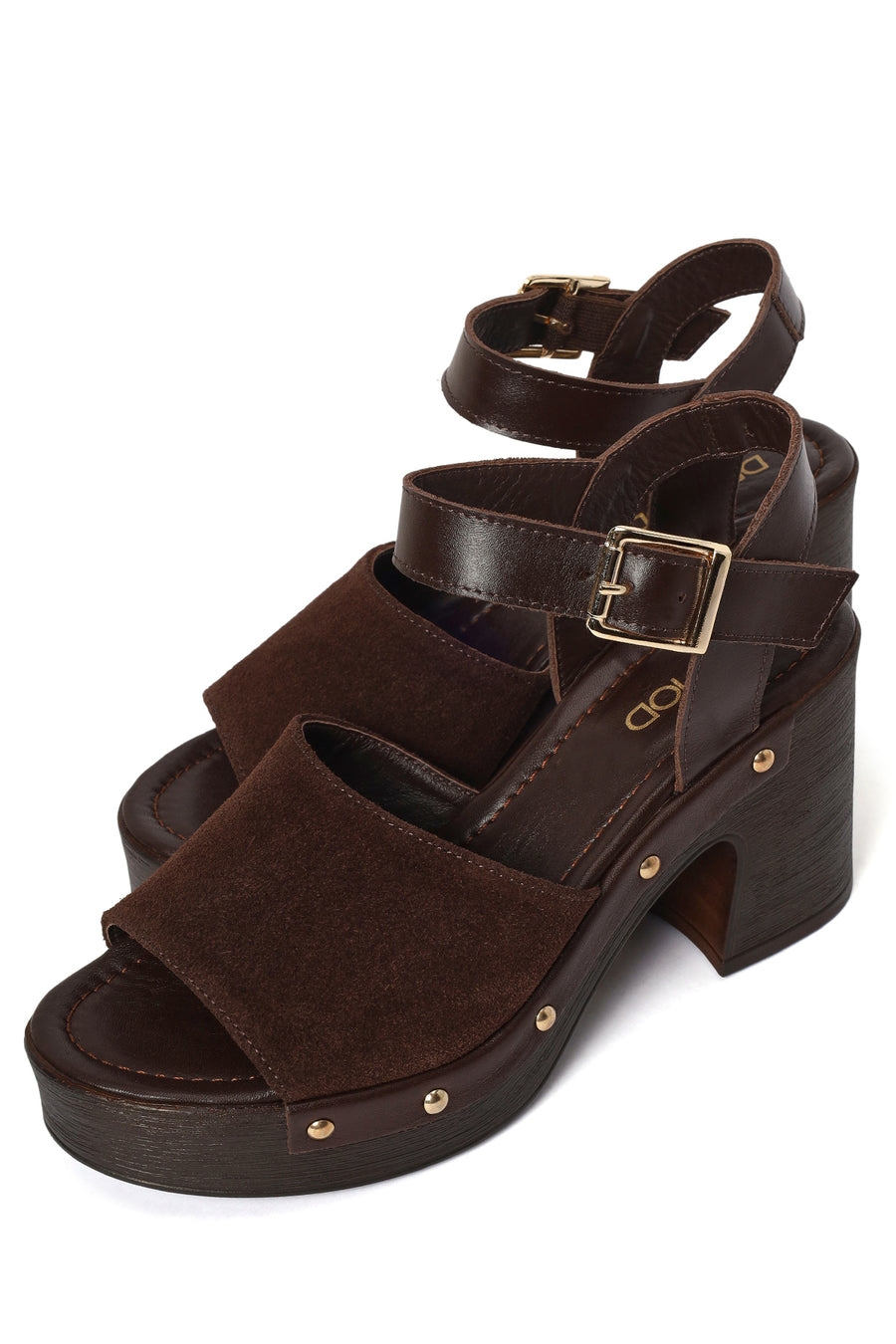 Woman Brown Ankle-Buckle Thick-Heel Suede Leather Sandals