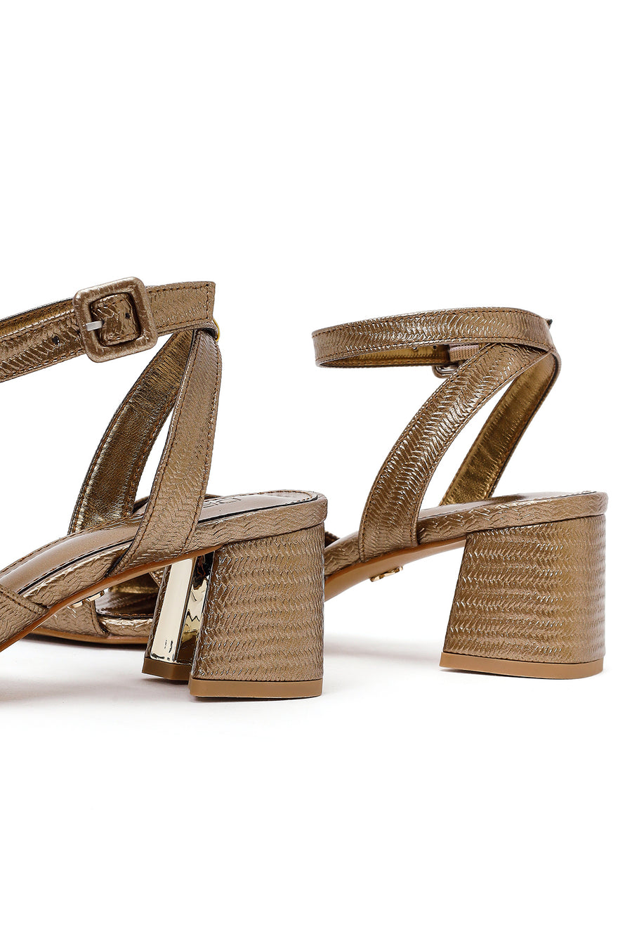 Woman Bronze Ankle-Buckle Printed Block-Heel Sandals