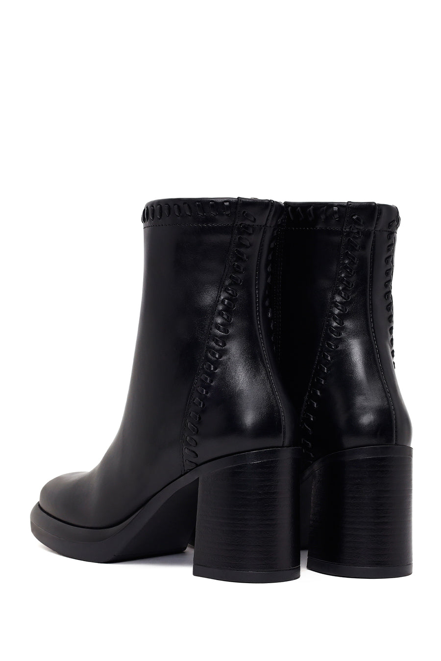 Woman Black Zip Closure Thick-Heeled Leather Boots