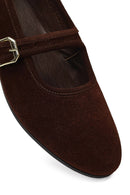 Women's Brown Buckled Suede Leather Ballet Flat | Derimod
